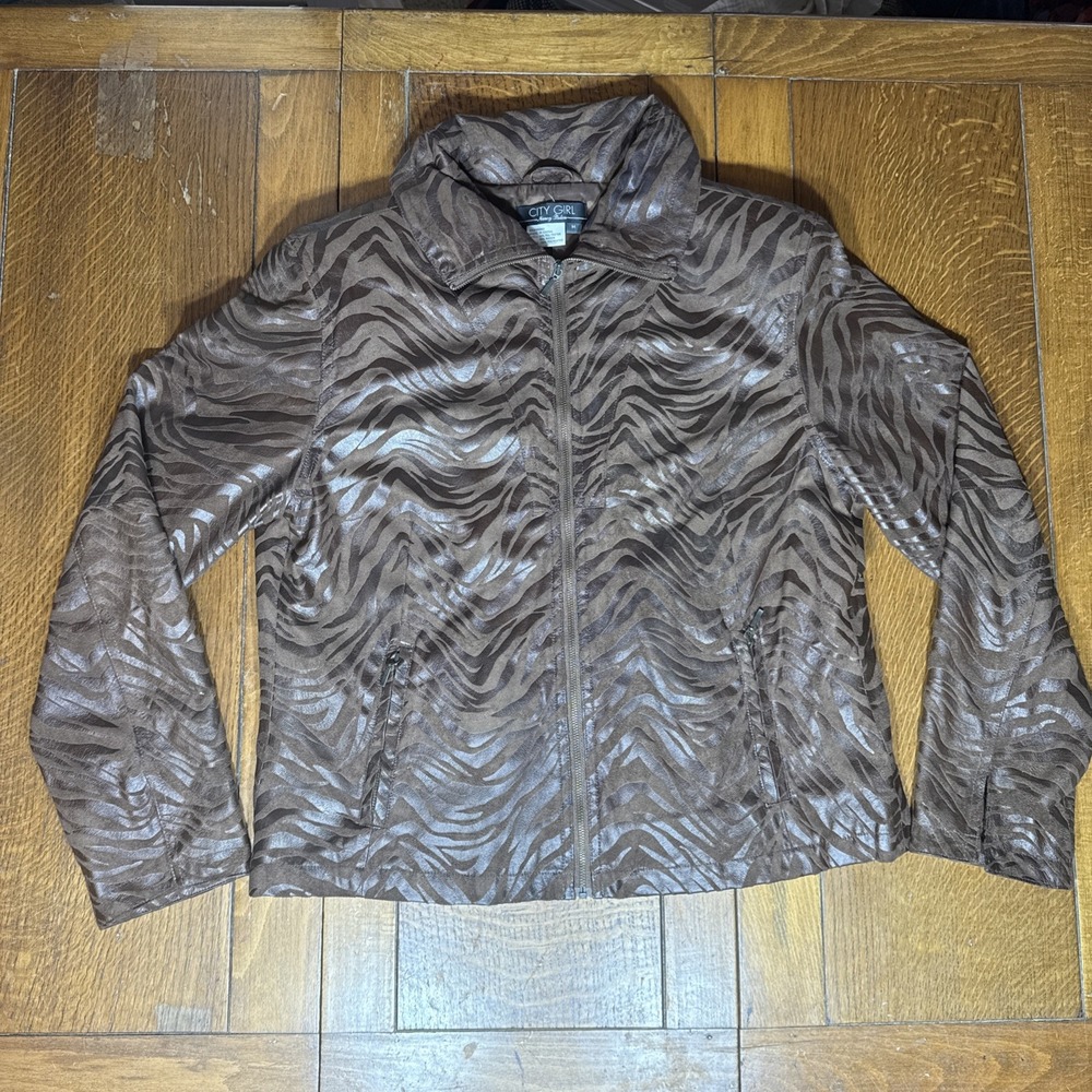 City Girl women's M Brown‎ Animal print long sleeve zip light jacket